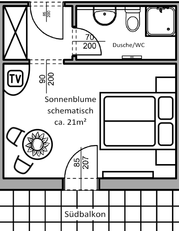 Die Zimmer Skizze vom Sonnenblume Zimmer im Privathotel Das Schmidt.