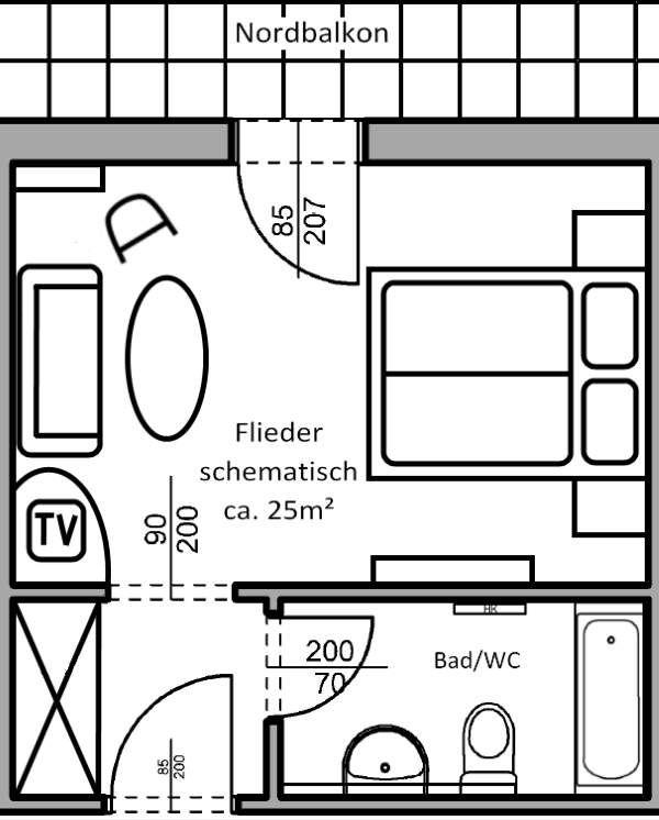 Skizze des Flieder Zimmer im Hotel Das Schmidt