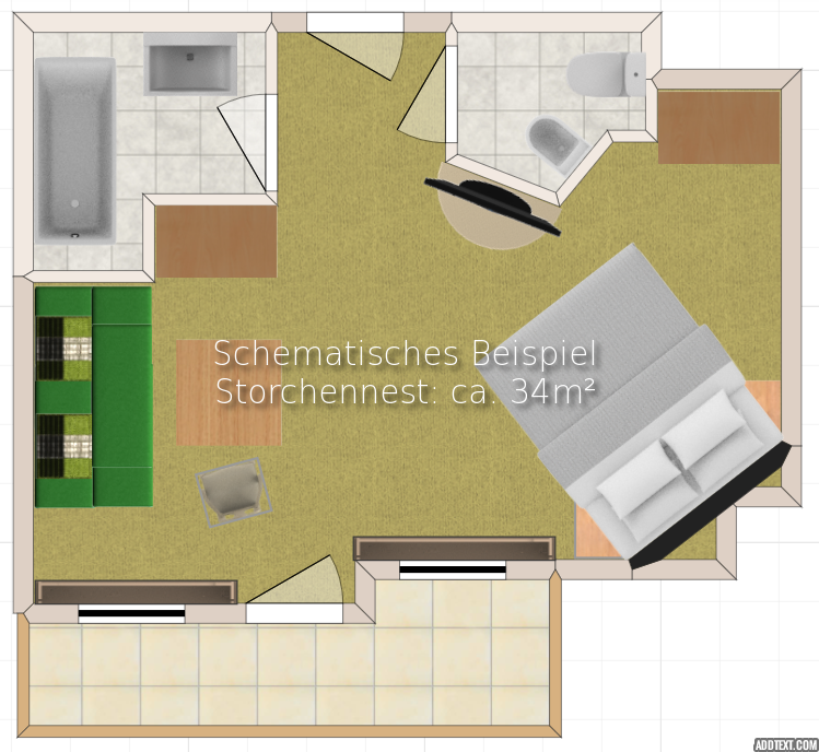 Das Storchennest Zimmer mit Balkon in der Raumaufteilung.