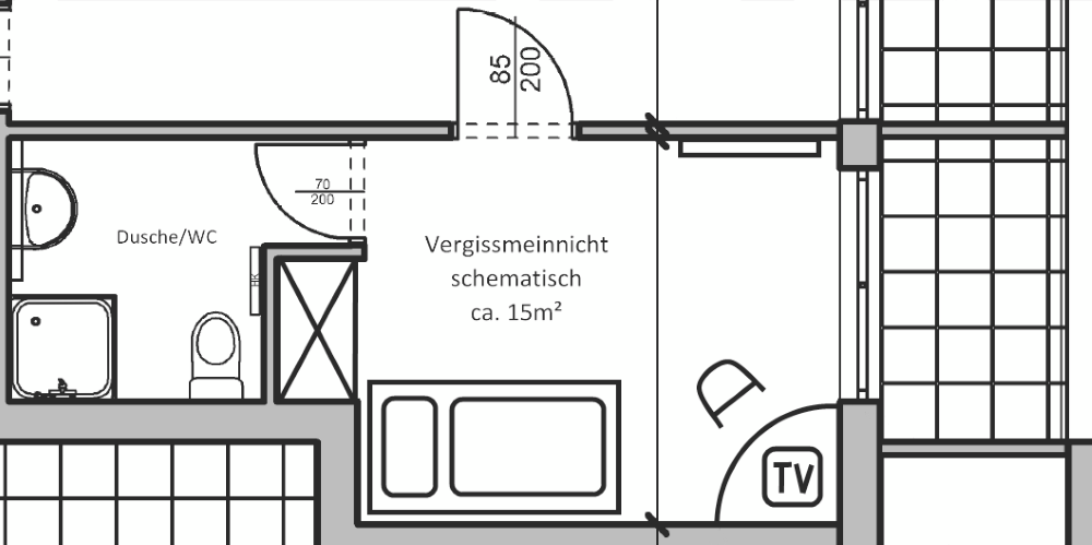 Die Zimmer Skizze vom Zimmer Vergissmeinnicht im Privathotel Das Schmidt.