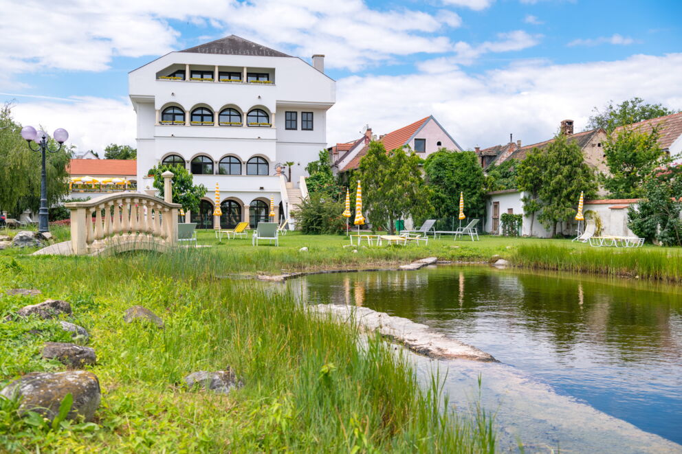 Blick auf das Privathotel Das Schmidt und dem Teich