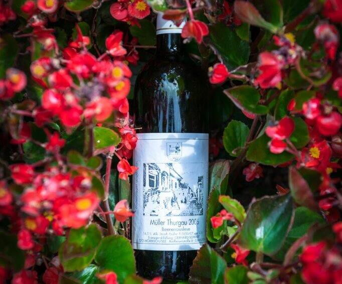 Fruity wine among red blooming flowers at Hotel Das-Schmidt