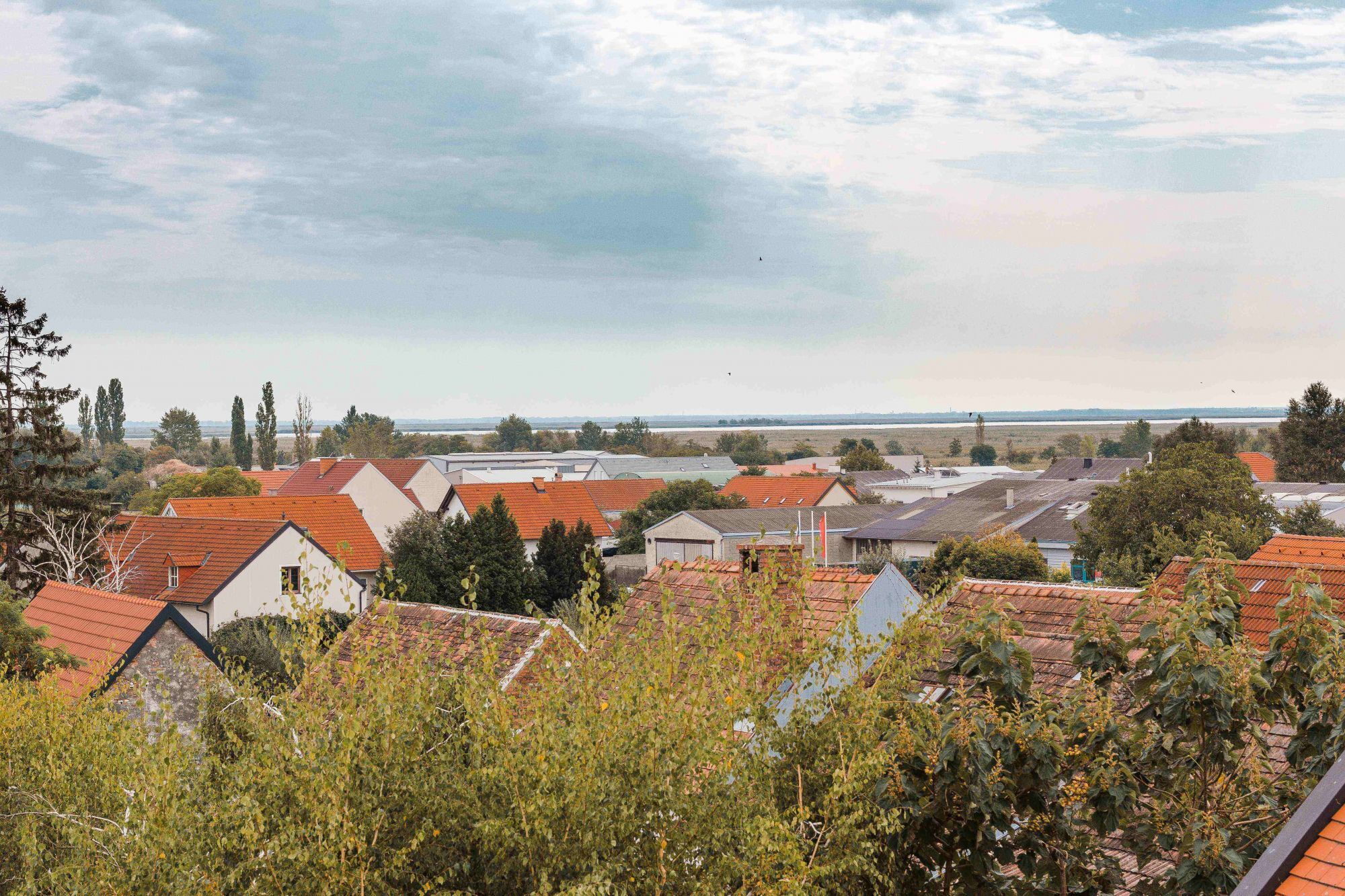 Blick über die Nachbarhäuser im Sonnenscheinzimmer im Privathotel Das-Schmidt