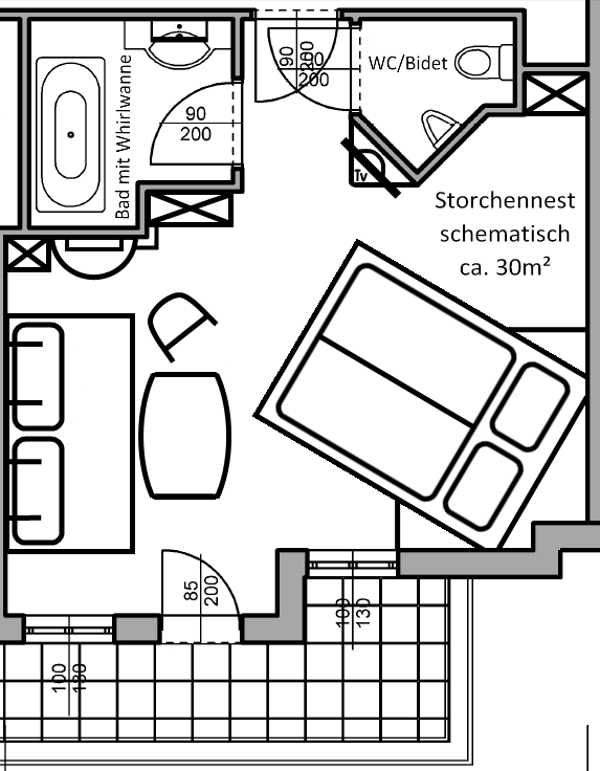 Grundriss-Skizze des Zimmers Storchennest im Hotel Das-Schmidt